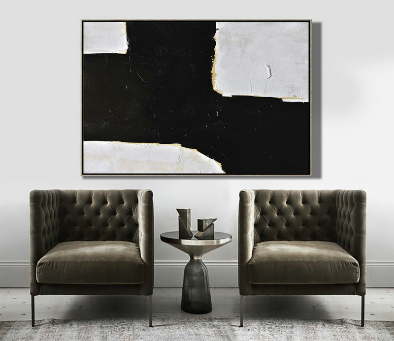 Custom Canvas Wall Art,Horizontal Palette Knife Minimal Canvas Art Painting Black White Beige - Modern Art Abstract Painting